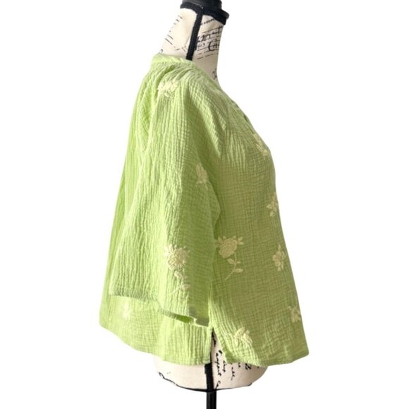 Wrap London Top Gauze Cotton Green Embroidered Button-Up Womens Size 8 - Picture 2 of 8